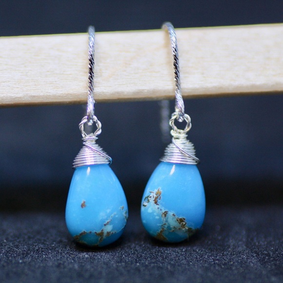 Natural Turquoise Earrings Sterling Silver Hooks , December Birthstone - Picture 6 of 6